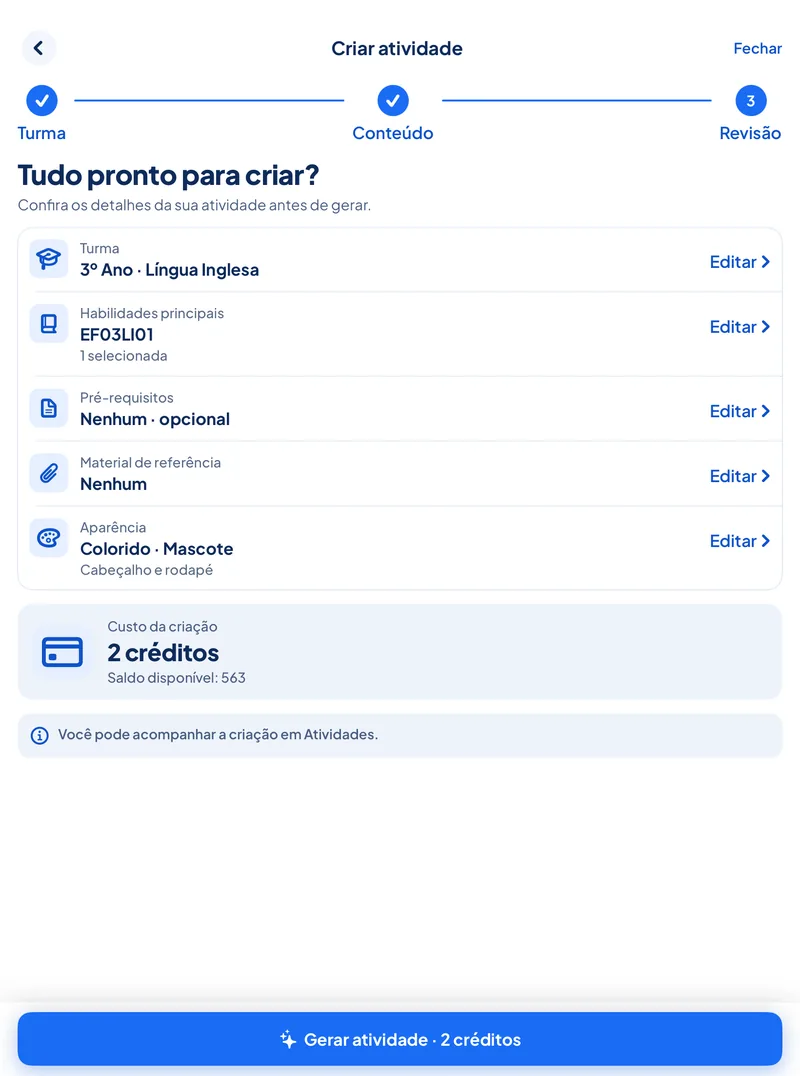 Tela de revisão do criador de atividades do AulaPronta: turma, habilidade BNCC, pré-requisitos, material de referência, aparência e custo de 2 créditos antes de gerar