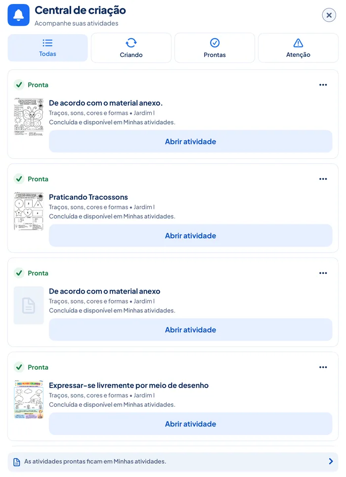 Central de criação do AulaPronta no iPad, com atividades prontas e o botão Abrir atividade