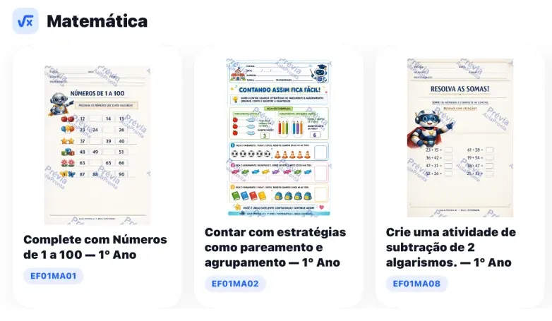 Três atividades de Matemática geradas no AulaPronta AI, cada uma com seu título e o código da habilidade da BNCC: EF01MA01, EF01MA02 e EF01MA08.