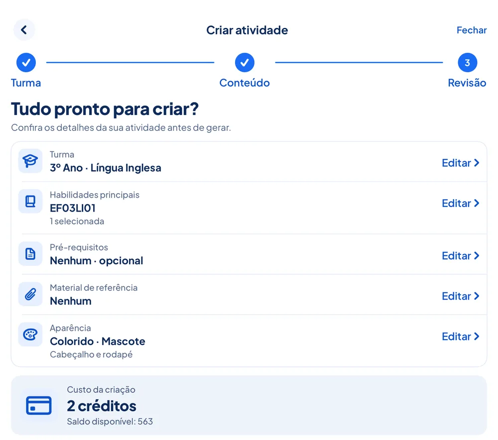 Etapa de revisão do criador de atividades do AulaPronta AI: turma 3º Ano de Língua Inglesa, habilidade BNCC EF03LI01, pré-requisitos, material de referência e aparência, com custo de 2 créditos.