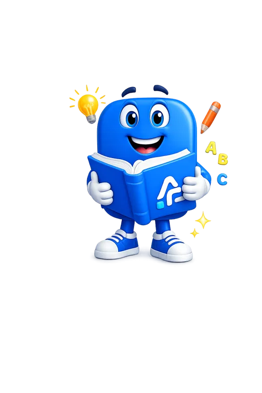 Mascote azul do AulaPronta lendo um livro, com uma lâmpada, lápis e letras ao redor