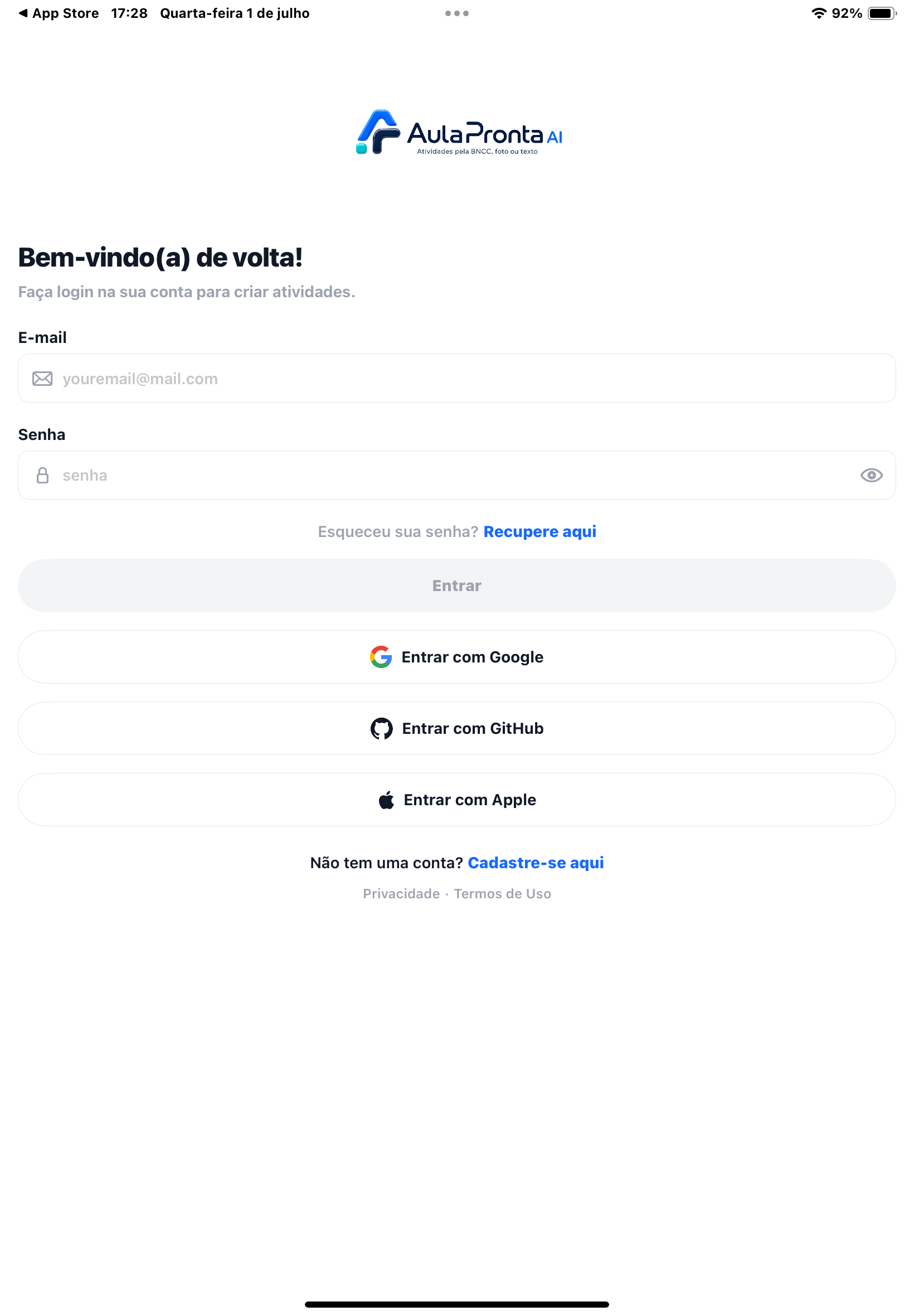 Tela de login do AulaPronta AI com campos de e-mail e senha, botão Entrar e opções de login com Google, GitHub e Apple