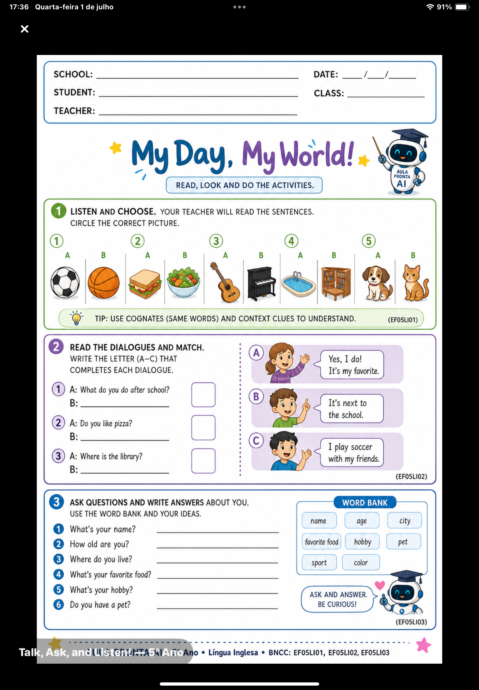 Pré-visualização em tela cheia da atividade My Day, My World! — Língua Inglesa 5º Ano, com layout colorido, cabeçalho escolar e três exercícios visíveis; use o gesto de pinça para ampliar
