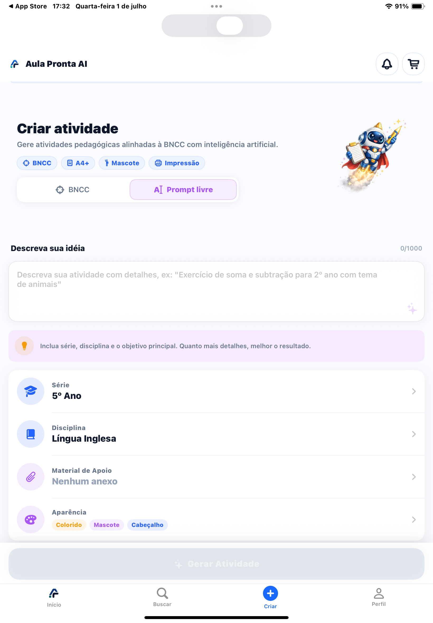 Tela Criar atividade com aba AI Prompt Livre selecionada em roxo, Série 5º Ano e Disciplina Língua Inglesa já preenchidas, campo Descreva sua ideia vazio (0/1000) e dica explicando incluir série, disciplina e objetivo