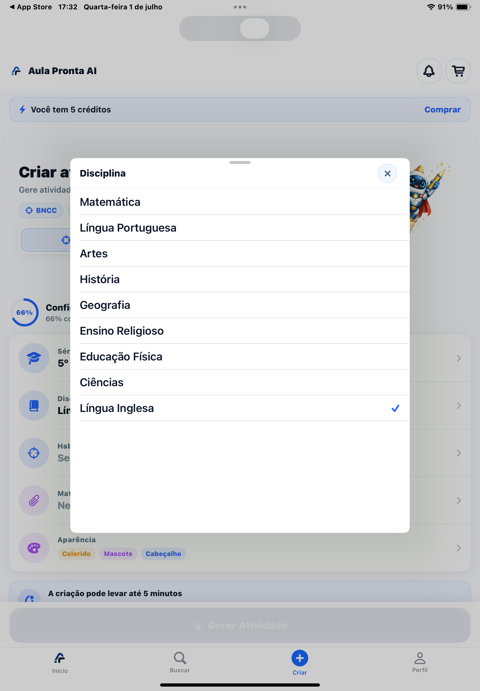Seletor de disciplina com lista de matérias: Matemática, Língua Portuguesa, Artes, História, Geografia, Ensino Religioso, Educação Física, Ciências e Língua Inglesa marcada com ✓
