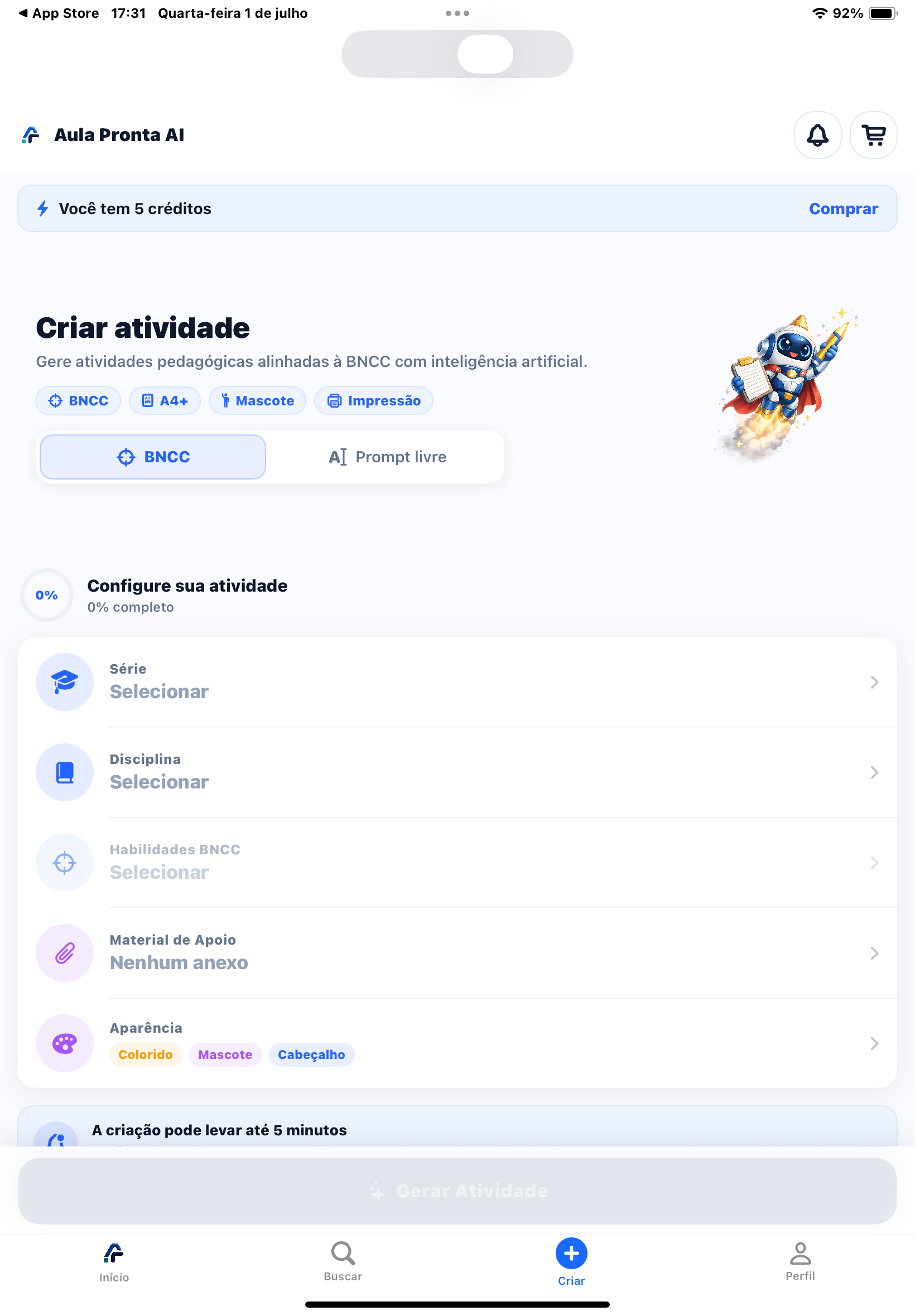 Tela Criar atividade com aba BNCC selecionada e indicador 0% completo, mostrando os campos Série, Disciplina, Habilidades BNCC, Material de Referência e Aparência (Colorido, Mascote, Cabeçalho) ainda não preenchidos e botão Gerar Atividade desabilitado