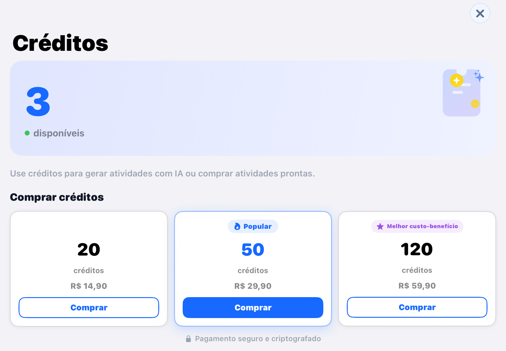 Tela Carteira de créditos mostrando saldo de 3 disponíveis, pacotes para comprar (20 créditos R$14,90, 50 créditos R$29,90 Popular, 120 créditos R$59,90) e aviso de pagamento seguro e criptografado