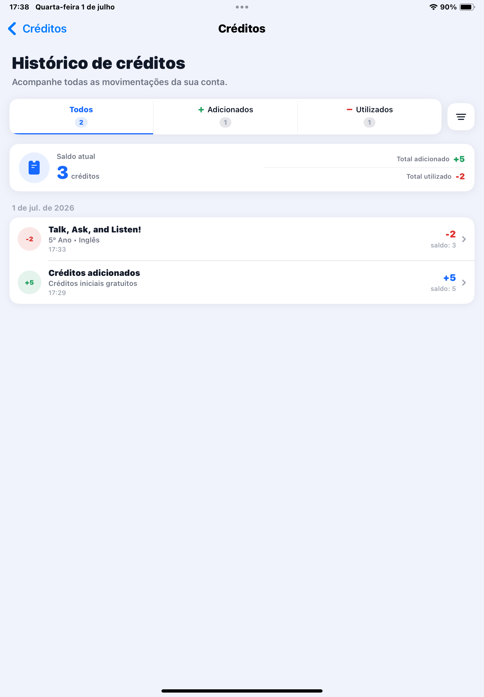 Tela Histórico de créditos mostrando saldo atual de 3 créditos, total adicionado +5 e total utilizado -2, lançamento de uso na atividade Talk, Ask, and Listen! e créditos iniciais gratuitos +5