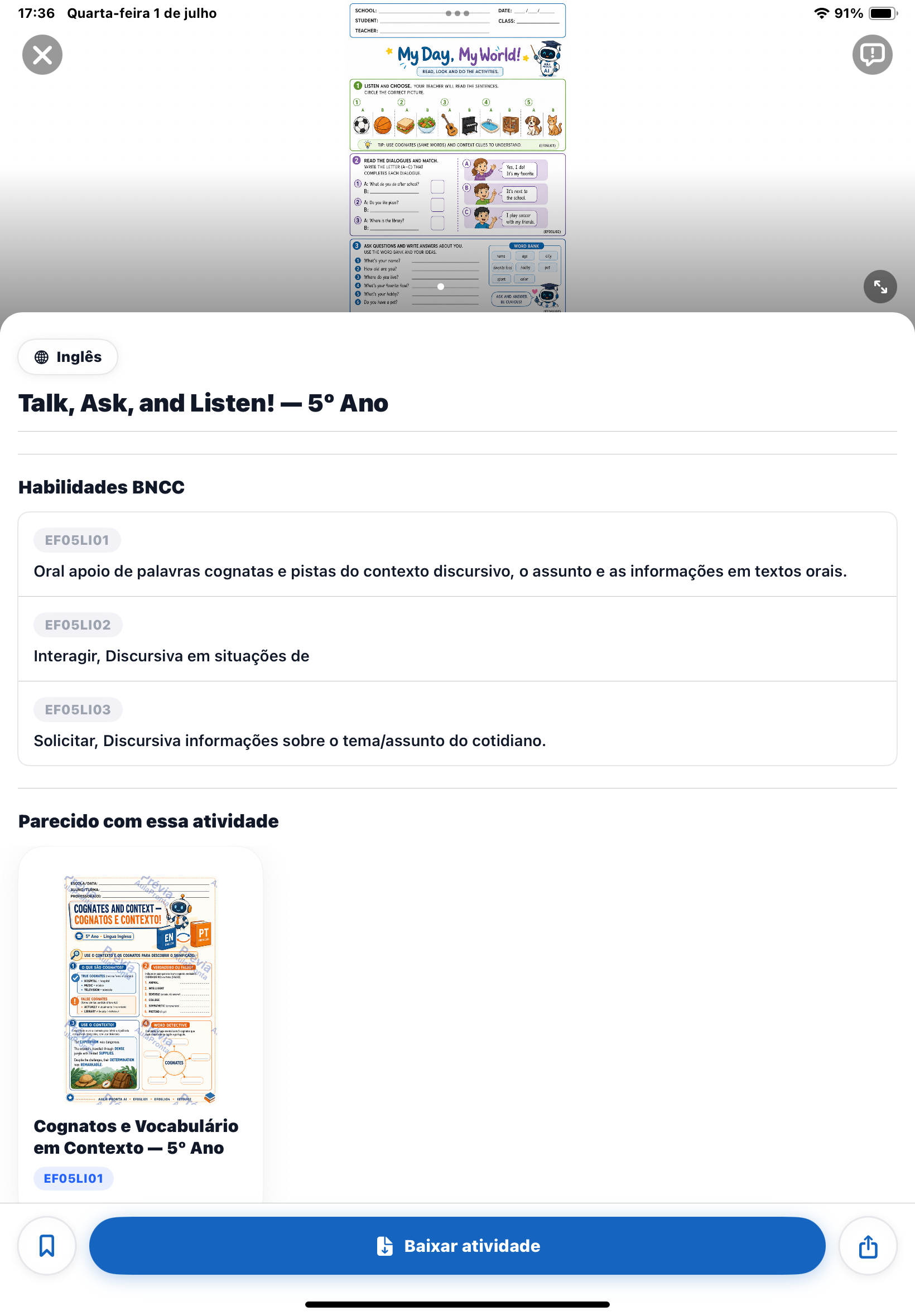 Tela de detalhe da atividade Talk, Ask, and Listen! — 5º Ano com miniatura, habilidades BNCC EF05LI01, EF05LI02 e EF05LI03, sugestão de atividade relacionada e botão Baixar atividade na parte inferior