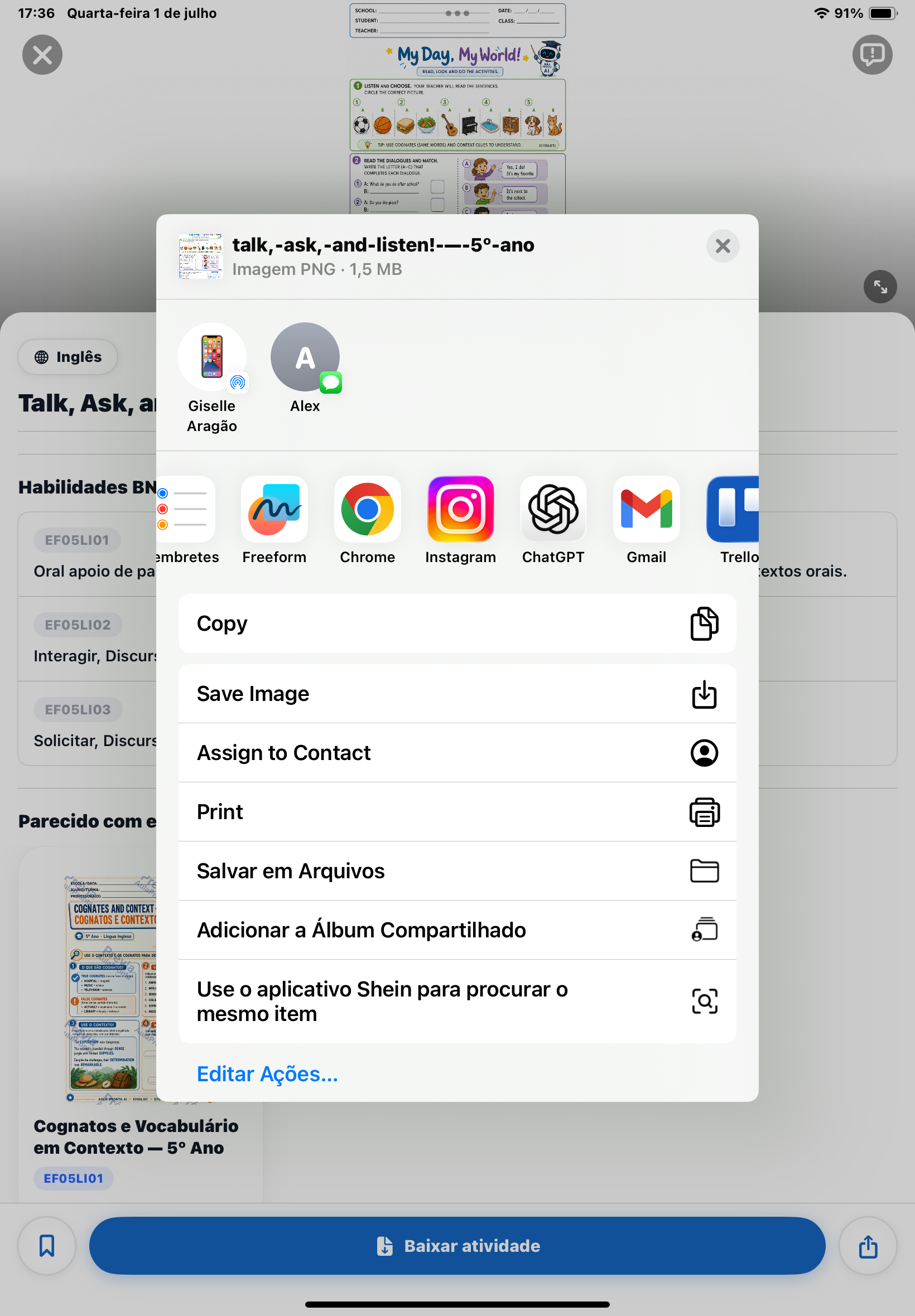 Menu de ações do iOS ao compartilhar atividade mostrando opções Copiar, Salvar Imagem, Imprimir, Salvar em Arquivos e Adicionar a Álbum Compartilhado