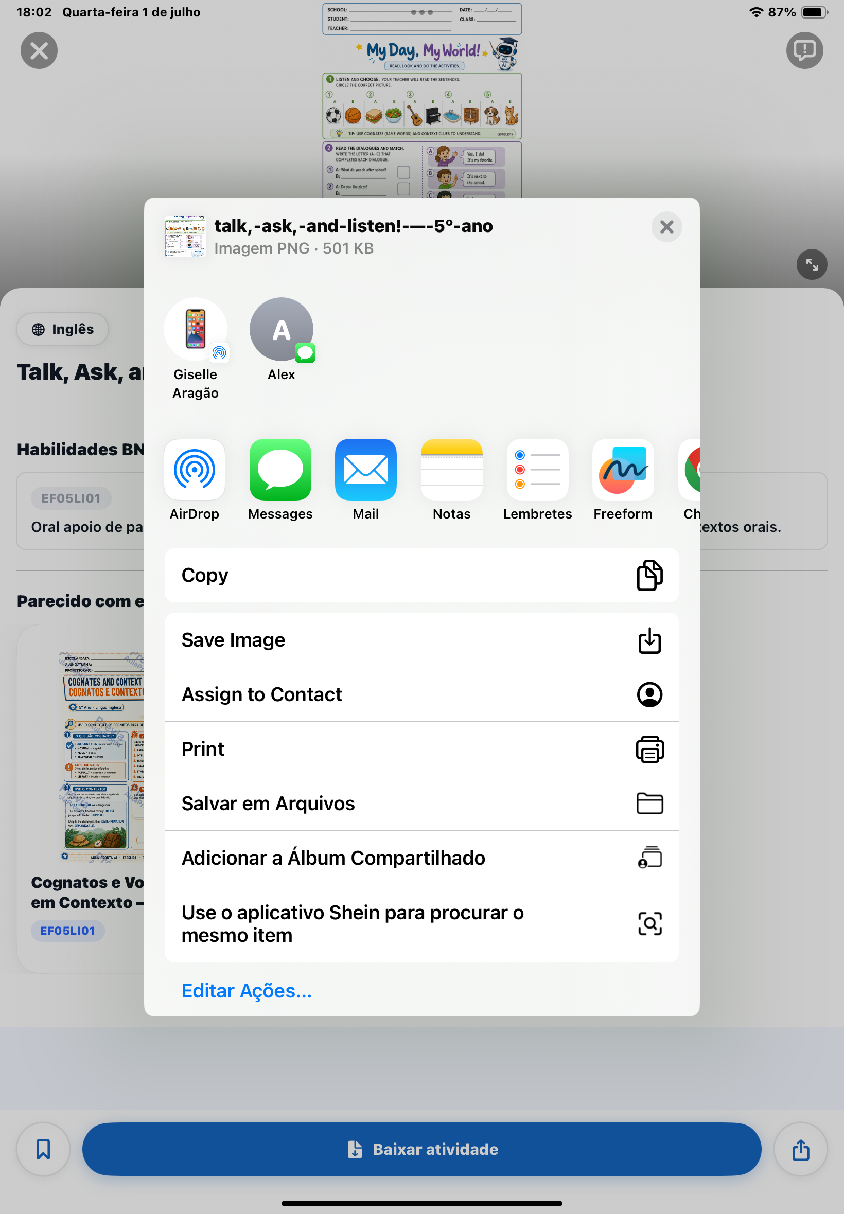 Menu de compartilhar do iOS mostrando opções AirDrop, Messages, Mail, Notas e ações Copiar, Salvar imagem, Imprimir e Salvar em Arquivos