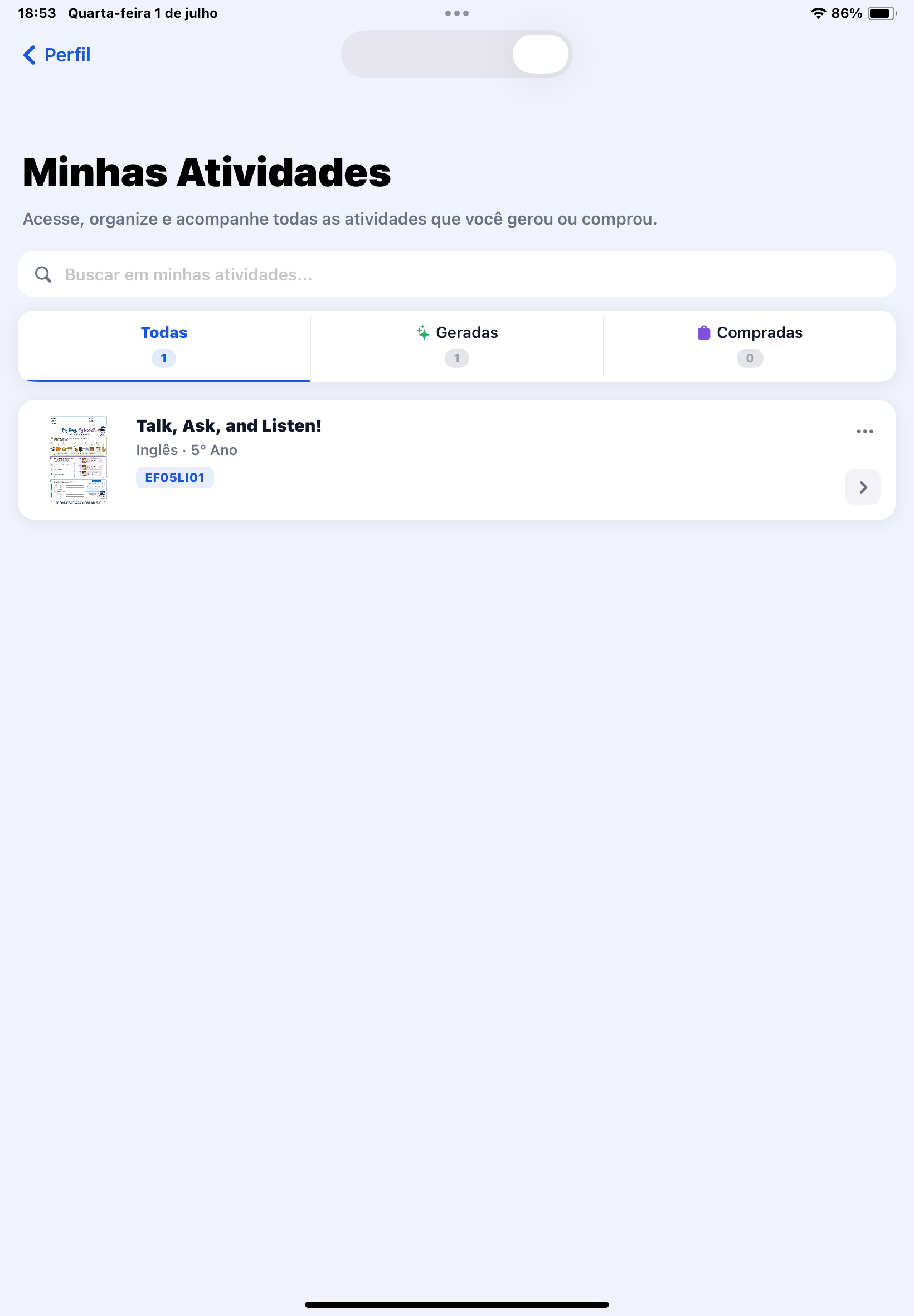 Tela Minhas Atividades com barra de busca, abas Todas (1), Geradas (1) e Compradas (0), e a atividade Talk, Ask, and Listen! — Inglês 5º Ano com código BNCC EF05LI01